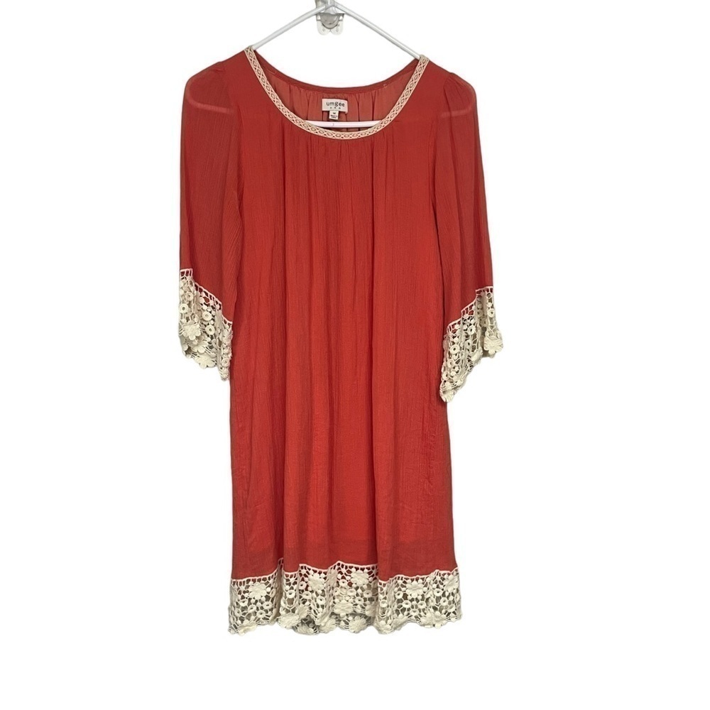 Umgee Orange Crinkle Dress Cream Crochet Trim Medium
